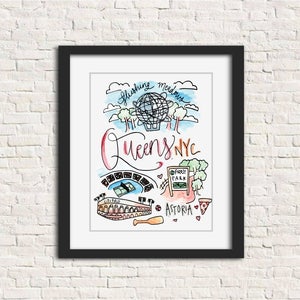Queens, New York NYC Watercolor Wall Art Print Gift 8x10 // borough flushing meadows art wall art gift handlettered watercolor sign print