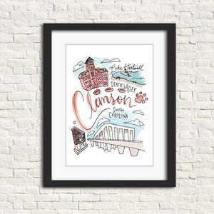 Clemson, SC Print 8x10 // South Carolina Lake Hartwell “Death Valley” footballs Handlettered Watercolor Decor Clemson Gift Tigers