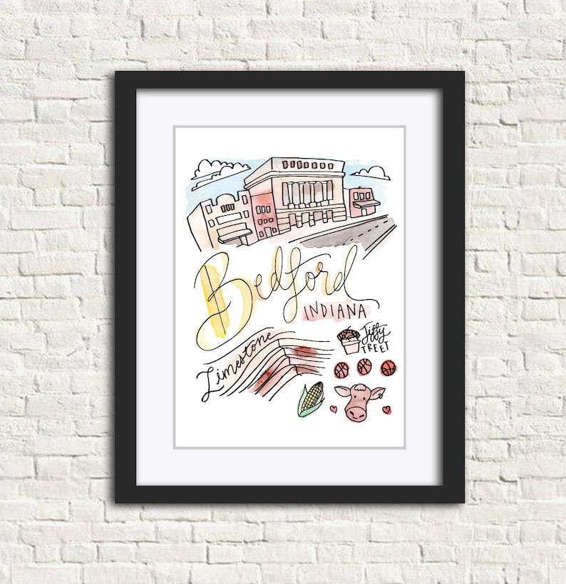 a cow basketball corn and jiffy treet Bedford limestone Indiana Print 8 x 10 Watercolor the square