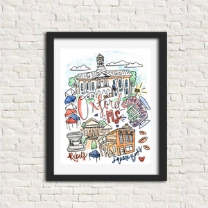 Oxford, Mississippi MS City Illustration Wall Art Print Gift 8x10 // Ole Miss University of Mississippi Rebels Square Books Football