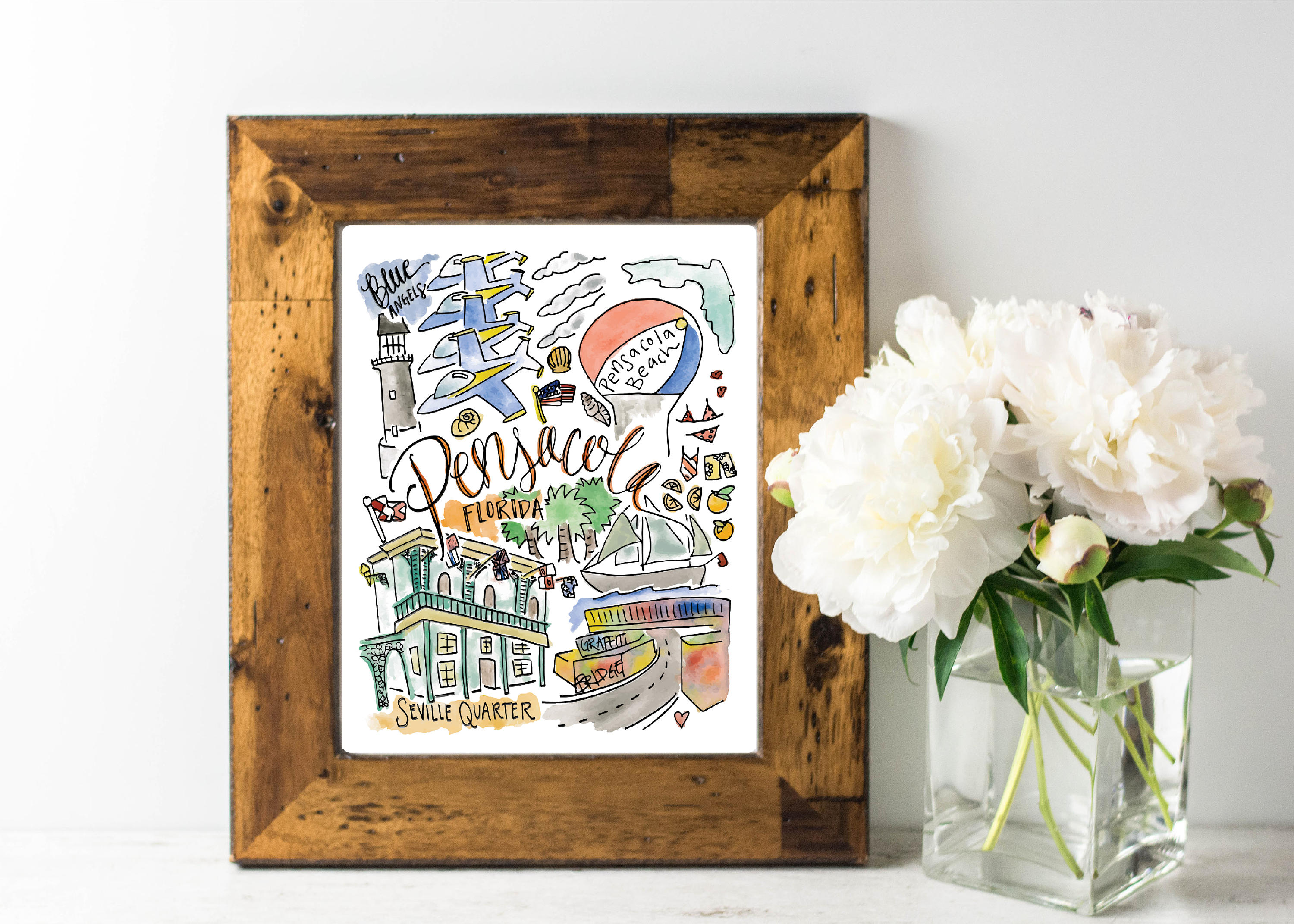 Pensacola Florida Wall Art Watercolor Print Etsy
