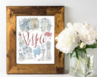 Buffalo, NY New York Watercolor Wall Art Print [5x7, 8x10, or 11x14] | Personalizable Customizable Handlettering Birthday Wedding Gift