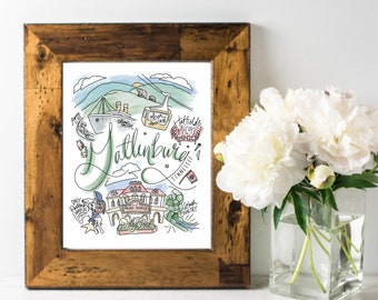 Gatlinburg, TN Tennessee Handlettered Watercolor Wall Art Print Gift 8x10 in // Dollywood Ober Mountain Hatfield and McCoy Pigeon Forge
