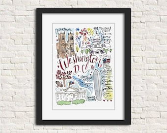 Washington, DC Watercolor City Illustration Wall Art Print Gift 8x10 // capitol building chinatown white house eagle cherry blossom potomac