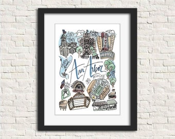 Ann Arbor, MI Print | Michigan Watercolor Wall Art Print | Personalizable Customizable 5x7 8x10 11x14