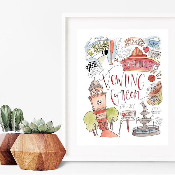 Vert bowling, KY Impression | Impression d'art mural Kentucky aquarelle | 5 x 7 8 x 10 11 x 14 Personnalisable Personnalisable