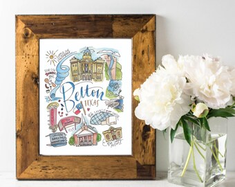 Belton Texas Print – Watercolor City Artwork – Wall Art of Belton Landmarks (5x7, 8x10, 11x14)