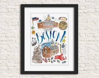 Boston, MA Print 8x10 Massachusetts // shamrock cannoli the Freedom Trail Paul Revere statue flag of Mass., Beacon Hall Old State House