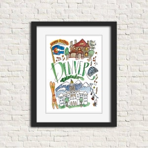 Denver, Colorado Watercolor Art Illustration 8 x 10 in. Wall Print // Colorado flag Union Station Molly Brown House Colorado State Capitol