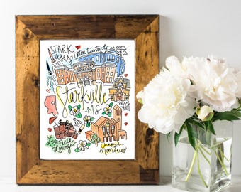 Starkville, MS Mississippi City Illustration Wall Art Print Gift | Starkvegas Cotton District Perry Hall Chapel of Memories