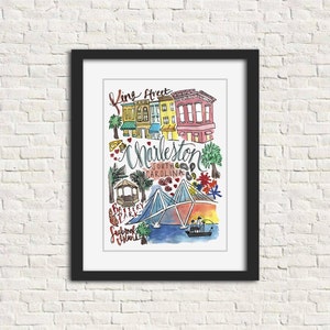 Charleston, South Carolina Wall Art Watercolor Print | Bachelorette/Wedding/Birthday Gift | King Street Seabrook Island | Home Decor Art