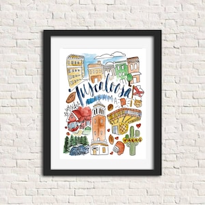 Tuscaloosa, Alabama Wall Art Watercolor Print | Graduation/Rush/Wedding Gift | Tuscaloosa City Watercolor Home Decor 8 x 10 inches