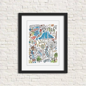 Dallas, Texas Handlettered Watercolor Wall Art City Illustration Gift Print 8 x 10 // Arboretum state fair + Big Tex DFW Love Field