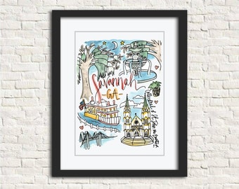 Savannah, GA Georgia Watercolor City Illustration Wall Art Print Gift 8x10 // Cathedral St John the Baptist Bridge Fountain Willow Pineapple