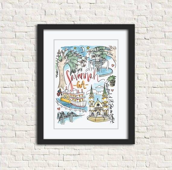 Savannah, GA Georgia Watercolor City Illustration Wall Art Print Gift 8x10 // Cathedral St John the Baptist Bridge Fountain Willow Pineapple