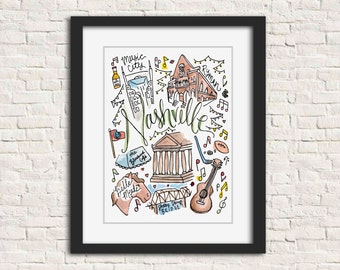Nashville, Tennessee TN Watercolor Illustration Art Print Gift | Music City Gulch 12 South Ryman Belle Meade Bluebird Cafe | Personalizable