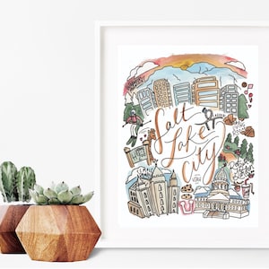 Salt Lake City, Utah Wall Art City Acuarela Handlettered Regalo Ilustración Impresión de pared // SLC Universidad de Utah Personalizable