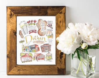Dothan, Alabama Watercolor Handlettered Wall Art Print Gift | Peanut Capital of the World