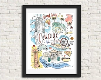 Chicago, Illinois Wall Art Watercolor Print | Birthday/Graduation/Wedding Gift Home Decor | Second City Windy City | 5x7, 8x10 or 11x14