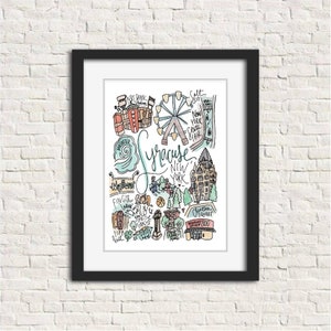 Syracuse, NY New York aquarel Wall Art Print [5x7, 8x10 of 11x14] | Personaliseerbare aanpasbare Handlettering verjaardag huwelijkscadeau