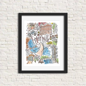 Greenville, South Carolina Wall Art City Watercolor Handlettered Gift Illustration Wall Print 8x10 // SC Furman Poinsett Swamp Rabbit Trail