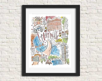 Greenville, South Carolina Wall Art City Watercolor Handlettered Gift Illustration Wall Print 8x10 // SC Furman Poinsett Swamp Rabbit Trail
