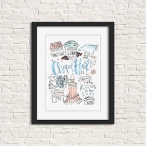Chapel Hill, NC North Carolina Watercolor Art Print 8x10 // bell tower old well marritt&#39;s he&#39;s not here cup Franklin St. sign Kenan stadium