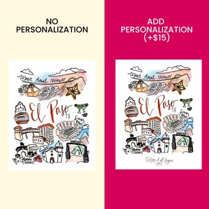 May include: A hand-drawn illustration of El Paso, Texas landmarks, including the Wyler Aerial Tramway, Sun Bowl, and local architecture. The artwork features colorful details and the text "El Paso TX".