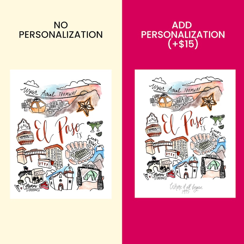 May include: A hand-drawn illustration of El Paso, Texas landmarks, including the Wyler Aerial Tramway, Sun Bowl, and local architecture. The artwork features colorful details and the text "El Paso TX".