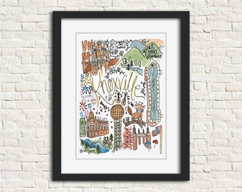 Knoxville, TN Watercolor Handlettered Wall Art Print Gift 8x10 // UTK Vols Volunteers Theatre Market Square Old City Gay St Smoky Mountains