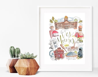 Des Moines, Iowa City Watercolor Illustration Wall Art Print Gift 5x7 8x10 11x14 // Personalizable Customizable IA Artwork