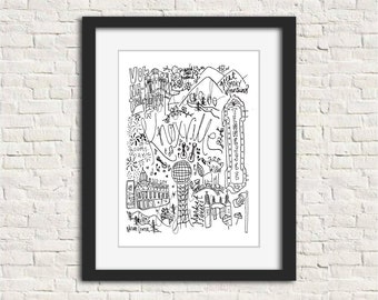 May include: Black and white framed art print featuring a detailed map of Knoxville, Tennessee. The illustration includes landmarks, the words "Knoxville", "Market Square", and "Great Smoky Mountains". The artwork is displayed in a black frame.
