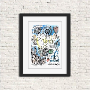 Orlando, Florida Watercolor Illustration City Wall Art Print Gift 8x10 // Universal Orlando Strong Lake Eola Fountain Disney Mickey Mouse