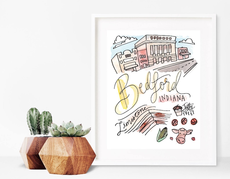 a cow basketball corn and jiffy treet Bedford limestone Indiana Print 8 x 10 Watercolor the square