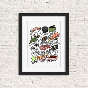 Pode incluir: Uma impressão emoldurada com uma ilustração desenhada à mão de vários tipos de sushi, incluindo Nigiri, Maki e California Roll. A obra de arte inclui etiquetas para cada item de sushi, juntamente com wasabi, gengibre e molho de soja. A impressão está em uma moldura preta.