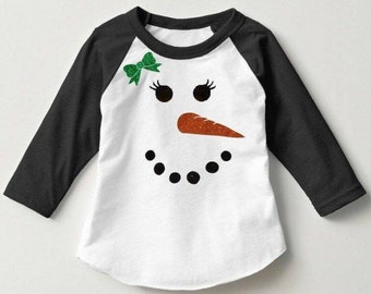 Girls Christmas Shirt: Glitter Snowman Face Holiday Tee