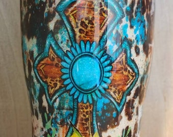 Turquoise and Sunflower Cowhide Tumbler, Glitter Cow Print Tumbler