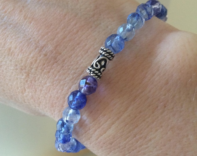 Blueberry Quartz Bracelet - blue stretch gemstone bead bracelet with Sterling Silver Bali bead