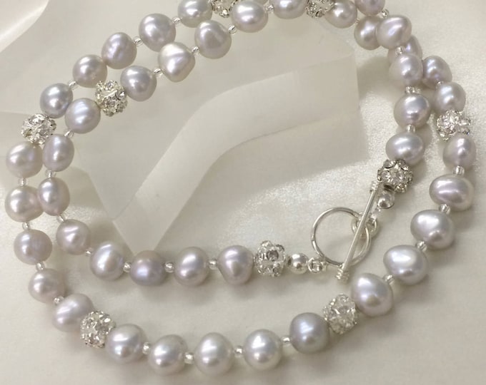 Grey Baroque Freshwater Pearl necklace with diamante ball beads and Sterling Silver toggle clasp Gift mum