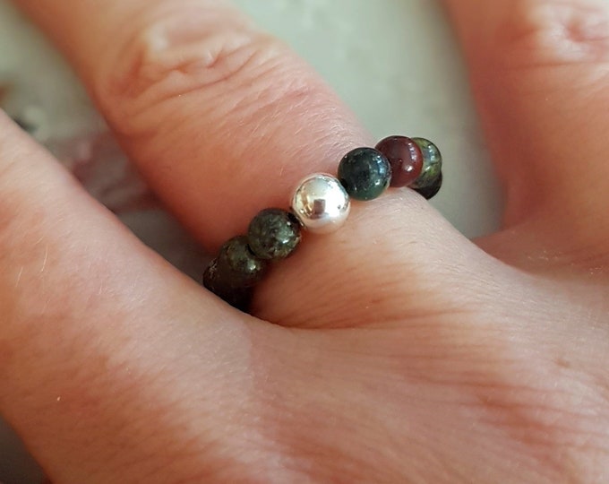 BLOODSTONE ring STERLING SILVER or Gold Fill green red gemstone bead stretch ring stacking Healing jewelry chakra jewellery yoga gift