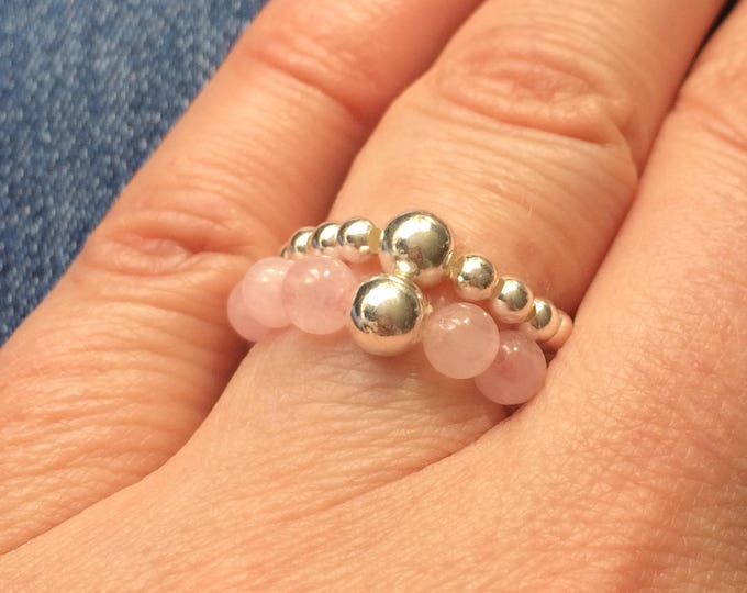 ROSE QUARTZ  STRETCH ring with  Sterling Silver or 14K Gold Fill accent bead - January Birthstone Jewellery gift