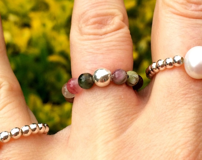 WATERMELON TOURMALINE Stretch RING Sterling Silver or 14K Gold Fill gemstone bead ring stacking October Birthstone jewellery gift Arthritis