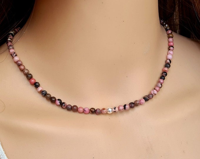 Pink Rhodonite choker necklace Sterling Silver / Gold tiny pink gemstone bead necklace Chakra Healing crystal jewellery  gift for her  girl