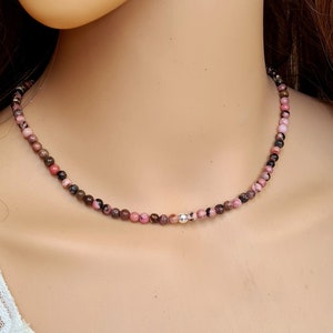 Pink Rhodonite choker necklace Sterling Silver / Gold tiny pink gemstone bead necklace Chakra Healing crystal jewellery  gift for her  girl