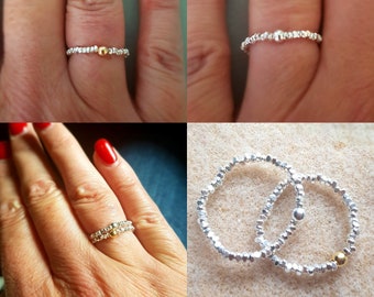 Tiny STERLING SILVER stretch ring small 925 Silver nugget bead ring with Silver or Gold Fill bead stacking ring jewellery gift for her girl