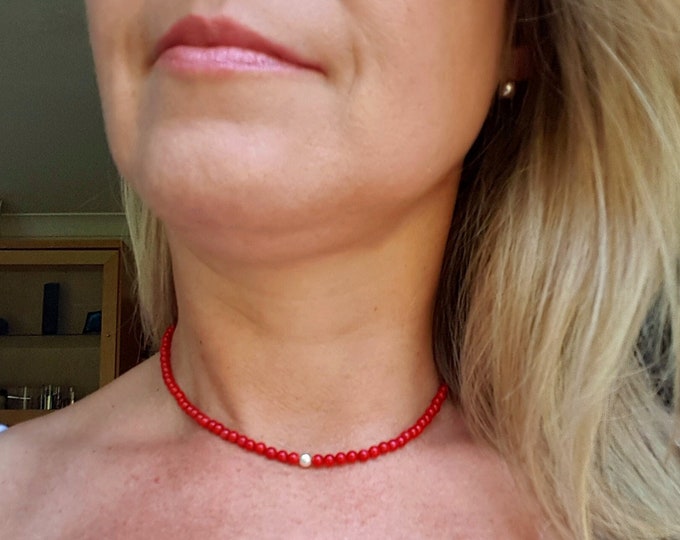 Red Coral choker necklace Sterling Silver or Gold Fill - Base Chakra jewelry - 35th wedding anniversary gift for wife - Yoga lover gift