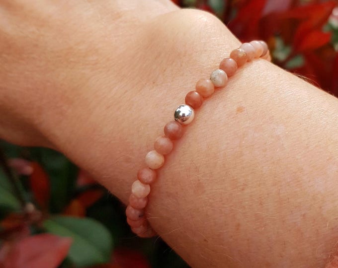 Tiny Peach Lepidolite stretch Bracelet with Sterling Silver or 14k Gold Fill bead - Crown Chakra healing jewellery gift