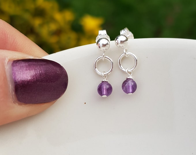 Tiny Amethyst earrings Sterling Silver stud small Amethyst drop earrings purple gemstone jewelry February Birthstone jewellery gift for girl