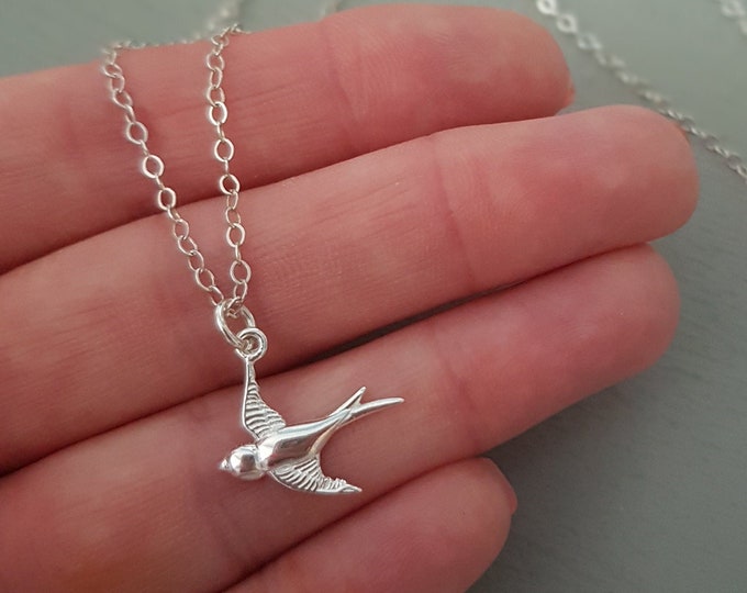 Sterling Silver tiny swallow bird necklace choker - Handmade Bird lovers gift
