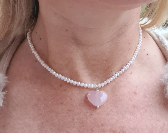 Freshwater pearl and Rose Quartz heart necklace choker pink Gemstone heart January Birthstone jewellery Chakra Healing crystal gift boxed